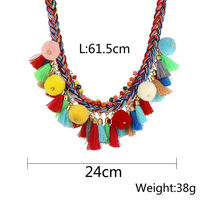 LUREME Bohemian Handmade Colorful Braided with Pom Pom and Tassels Statement Necklace Collar (nl005628) - Image 5